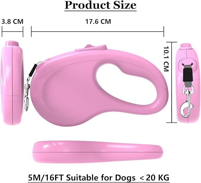 Retractable Dog Leash, 16Ft/5M Light Weight Retractable Leash for Small Medium Dogs/Cats Up to 50lbs, Strong Nylon Tape 360° Tangle-Free One-Hand Brake (Pink)