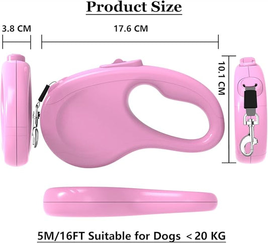 Retractable Dog Leash, 16Ft/5M Light Weight Retractable Leash for Small Medium Dogs/Cats Up to 50lbs, Strong Nylon Tape 360° Tangle-Free One-Hand Brake (Pink)