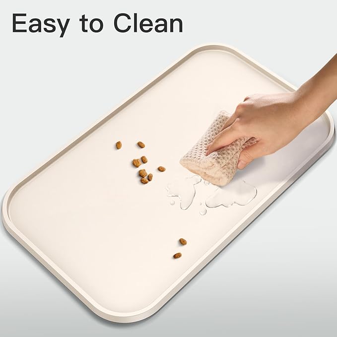 Pet Feeding Mat [Warped Resistant Raised Edge], Water-Proof Silicone Placement for Food Water Bowls, Anti-Slip Base Protect Floor, BPA-Free&Dishwasher-Safe [18.5x11.5inch Small, Sand White]