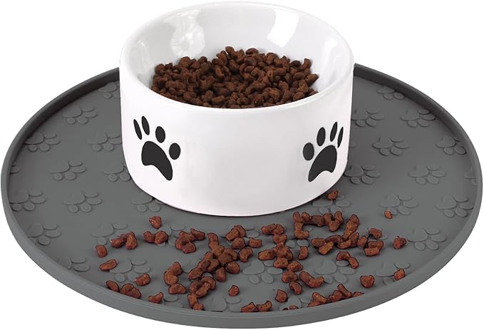 Silicone Pet Food Mat - Waterproof Dog Food Bowl Mat Cat Feeding Mat Thicker Pet Placemat Eating Mat with High Lip to Prevent Spills, Dog & Cat Water Bowl Mat for Messy Drinkers to Protect Floors，Gray