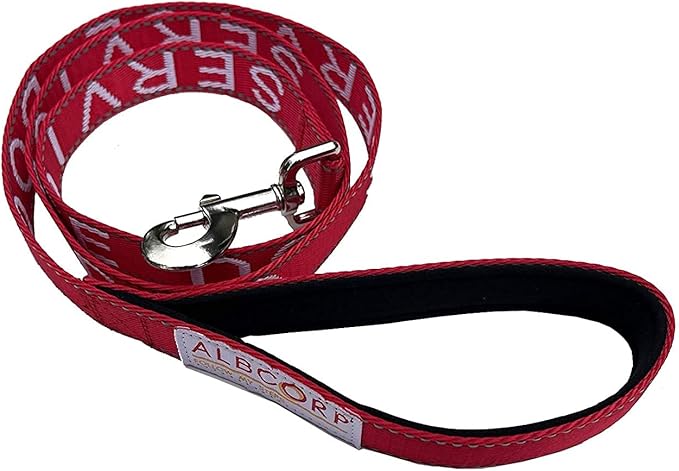 Albcorp Service Dog Leash - Embroidered- with Padded Neoprene Handle and Reflective threads, 4 Feet, for Harnesses, Vests or Collars, Red