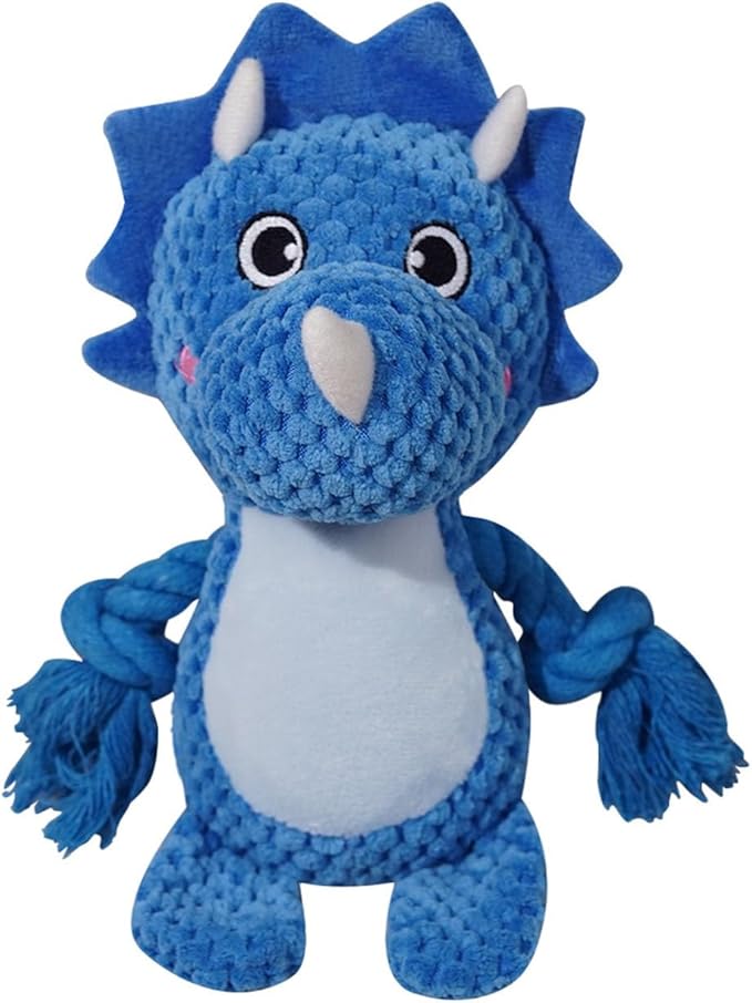 Cute Animals Interactive Squeaky Dog Toy with a Vocal Bladder, Crinkle Paper Stuffed Soft Cotton Chew Toy, Teething Rope Tug of War Pull Toy to Keep Them Busy for Puppy, Small Dogs - Blue Triceratops