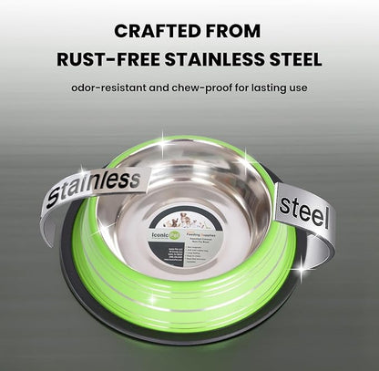 Iconic Pet Color Splash Stripe Non-Skid Stainless Steel Dog & Cat Bowl - Green, 8 Oz, 1 Cup, Durable, Easy to Clean, Anti-Slip Feeding Dish for Food & Water, Stylish Design for Dogs and Cats