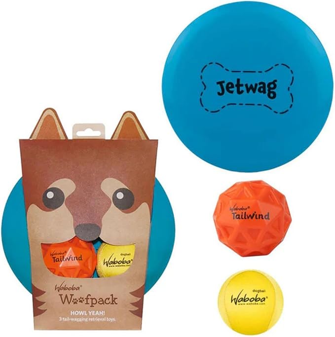Waboba Woofgames Pet Dog Toys Set - Interactive Boredom Relief Toy Bundle with Rubber Flying Disk & Dog Balls, Throw & Fetch Toys for Puppies & Dogs - Multipack of 3 Toys