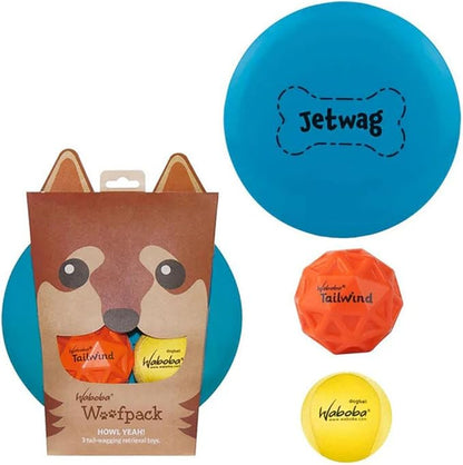 Waboba Woofgames Pet Dog Toys Set - Interactive Boredom Relief Toy Bundle with Rubber Flying Disk & Dog Balls, Throw & Fetch Toys for Puppies & Dogs - Multipack of 3 Toys