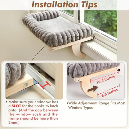 Cloud-Soft Cat Window Sill Perch with Zipper Designed Cushioned Bed, Supportive Cat Window Seat with Premium Solid Wood & Sturdy Metal Frame, Pet Hammock Bed for Large Cats (Medium, Gray)