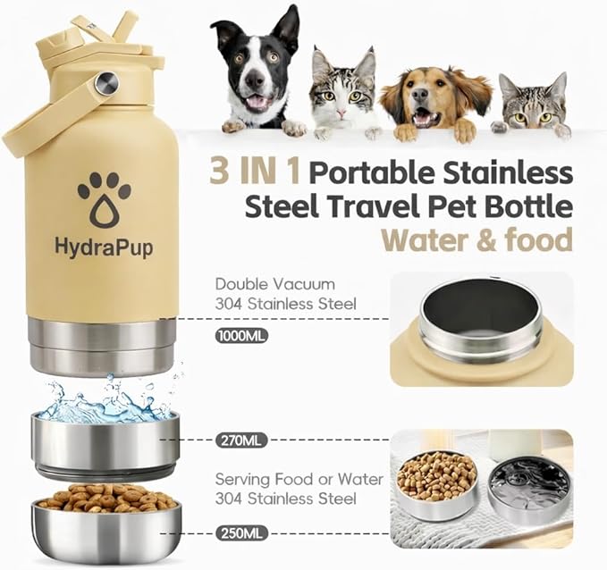 32oz Insulated Water Bottle with Dog Bowls – Human & Pet Shared Use, Stainless Steel Leakproof Travel Bottle (Sand Beige)