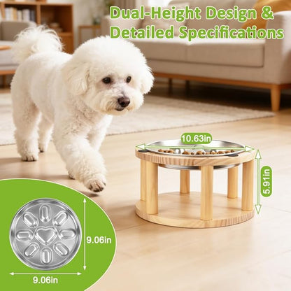 Vivifying Elevated Dog Bowl, Pine Wood Stand with Stainless Steel Slow Feeder, 5.9" Raised Dog Bowl for Small & Medium Dogs
