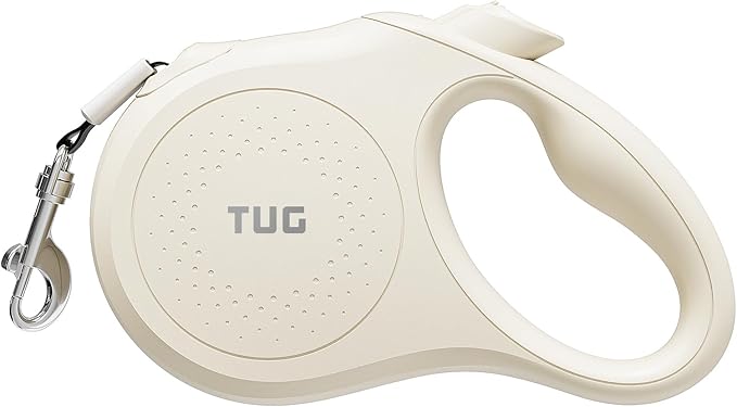 TUG Quest Retractable Dog Leash | 360° Tangle-Free Retraction | 16 ft Strong Nylon Tape (Small, Cream)