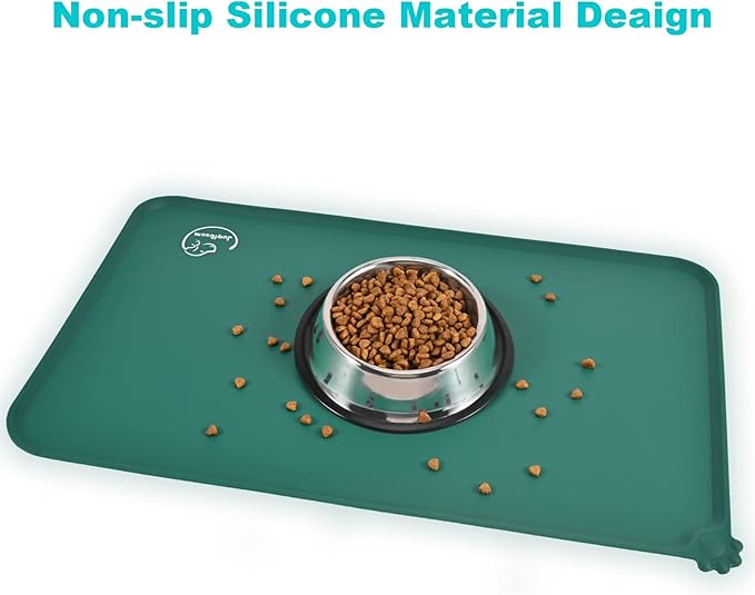 Silicone Waterproof Dog Cat Pet Feeding Mats, Non Slip, Easy Clean Pet Dog Cat Bowl Mats Placemat (18.5" x 11.5") Hunter Green