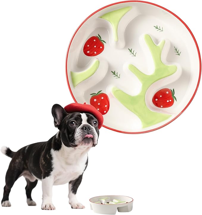 Ceramic Slow Feeder Dog Bowl - Portion Control Feeding Bowl for Medium Dogs - Cute Maze Food Dish for Fast Eaters - 3.1 Cups (310 g) - Doodle Series (Strawberry)