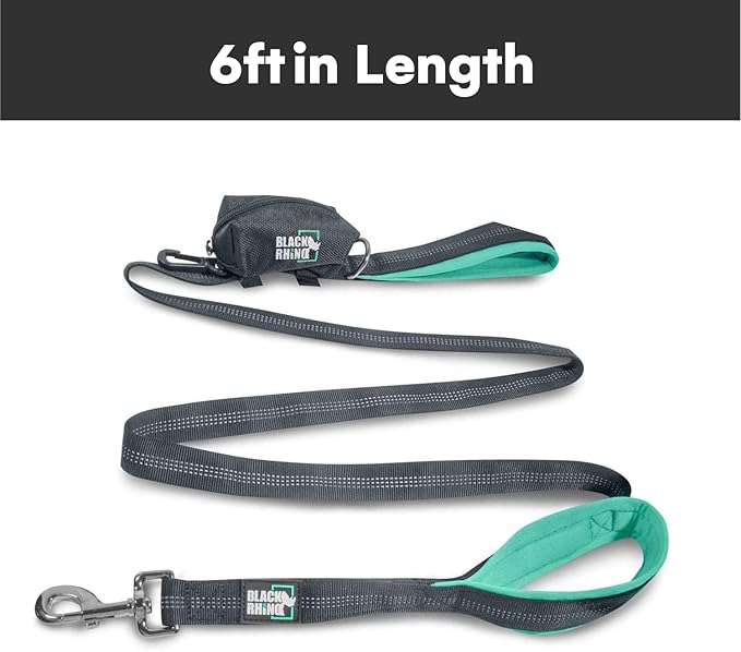 Black Rhino Heavy Duty Dog Leash for Medium and Large Dogs - 6 ft Long Double Handle Leash with Padded Traffic Control Handles and Bag for Comfort - Reflective, Durable, and Weather Resistant (Aqua)