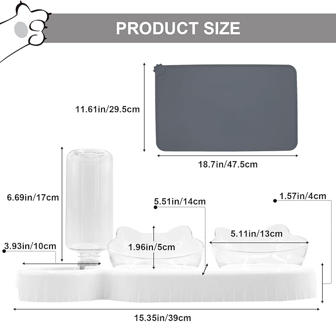 Triple Cat Bowls with Water Dispenser, Pet Whisker Friendly Water and Food Bowl Set with Non-Slip Mat, 15° Tilted Double Feeding Bowls, Elevated Wet and Dry Food Dish for Kitten&Small Dog (White)