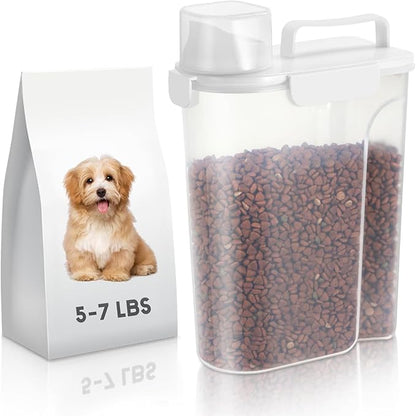 5-7Lbs Dog Cat Food Storage Container with Upgraded Large Nozzle BPA-free, 4 Snap Seals Plastic Pet Food Storage Containers with Handles (White, 5L-1pack)