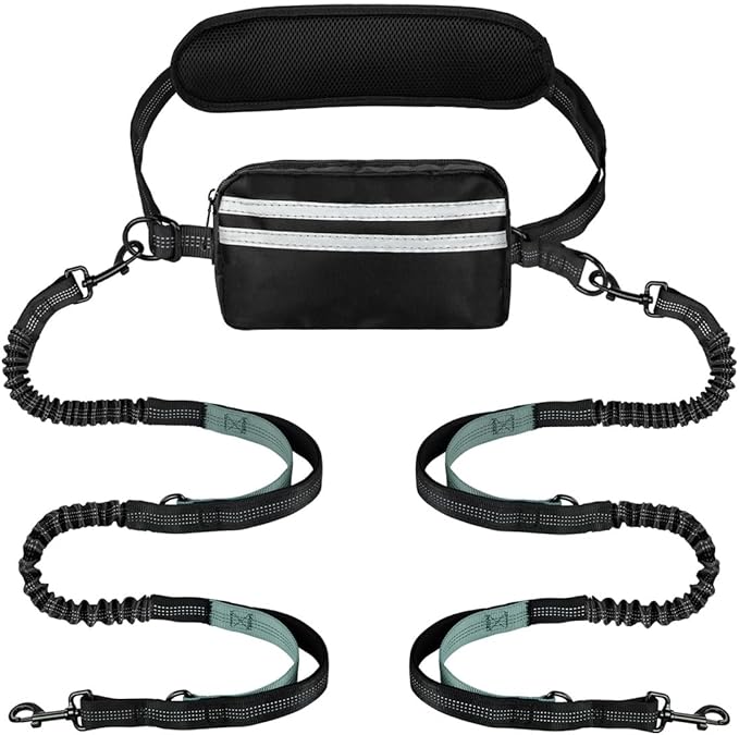 Hands Free Dog Leash 2 Dogs, Multifunctional Double Waist Leash forTwo Dogs Walking, Runing, with Waist Belt,Zipper Pouch and Shock Absoring Bungee (Grey-Green Midum Size, 2 Leashes)