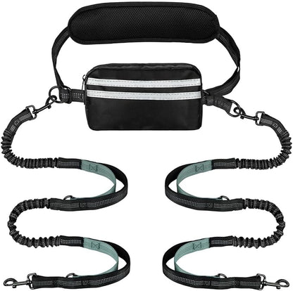 Hands Free Dog Leash 2 Dogs, Multifunctional Double Waist Leash forTwo Dogs Walking, Runing, with Waist Belt,Zipper Pouch and Shock Absoring Bungee (Grey-Green Midum Size, 2 Leashes)