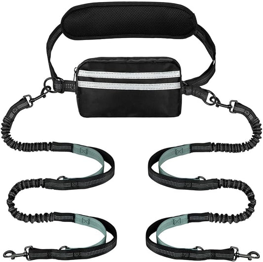 Hands Free Dog Leash 2 Dogs, Multifunctional Double Waist Leash forTwo Dogs Walking, Runing, with Waist Belt,Zipper Pouch and Shock Absoring Bungee (Grey-Green Midum Size, 2 Leashes)