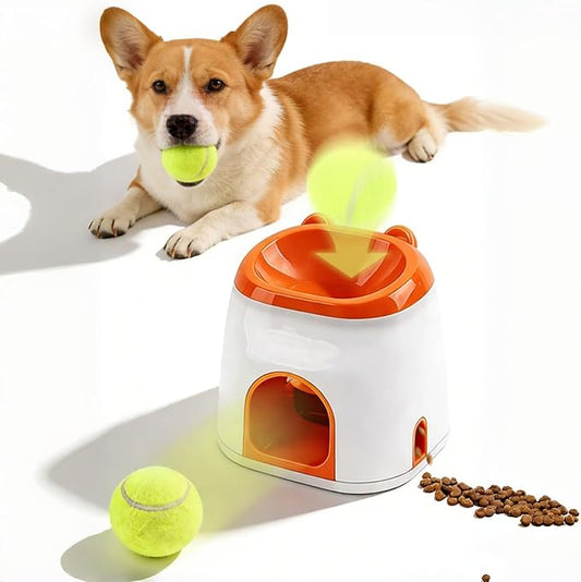 2-in-1 Dog Tennis Ball Launcher & Treat Dispenser, Interactive Spring-Loaded Fetch Toy with Snack Storage, Mental Stimulation & Exercise Toy for Small to Medium Dogs (Durable Tennis Ball Included) ﻿