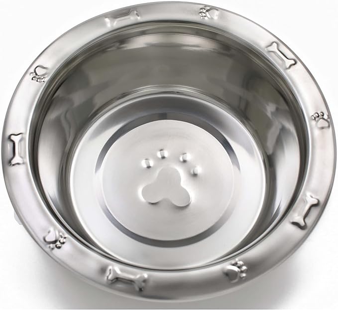 MPP Dog Bowls Pawprint Bone Embossed Pet Wide Rim Dishes Stainless Steel Choose Size (96 oz - 3 Quart)