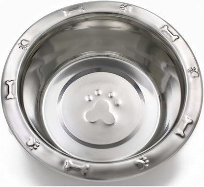 MPP Dog Bowls Pawprint Bone Embossed Pet Wide Rim Dishes Stainless Steel Choose Size (96 oz - 3 Quart)