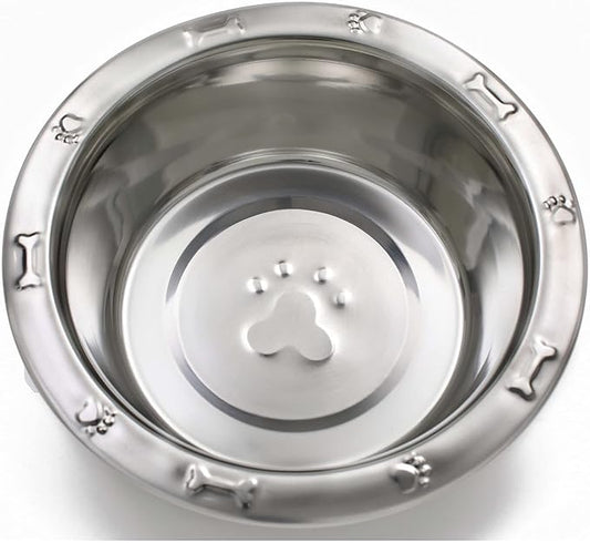 MPP Dog Bowls Pawprint Bone Embossed Pet Wide Rim Dishes Stainless Steel Choose Size (96 oz - 3 Quart)