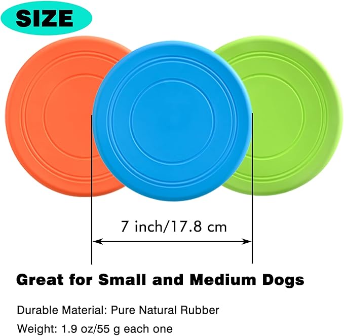 Dog Flying Disc, 3 Pack Dog Flyer Toys, Soft Rubber Interactive Lightweight Flying Disc Dog Toy for Small Large Dogs - Floats in Water & Safe on Teeth, 7 inch.
