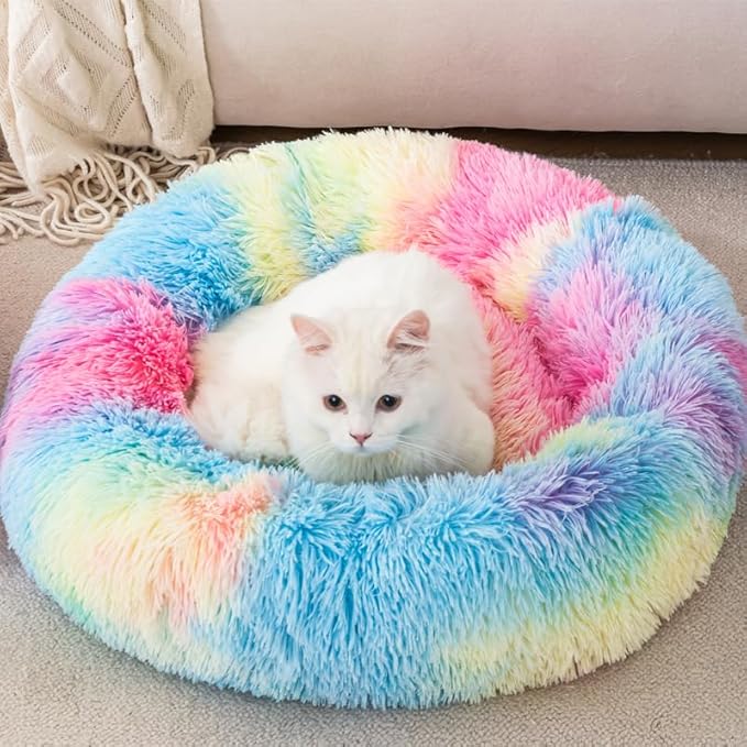 Cat Beds for Indoor Cat Dog Bed Dog Donut Bed Small Pet Bed Dog Calming Bed Warm Puppy Bed Cat Beds Baby Kitten Bed Fluffy Donut Bed Up to 7 Lbs Small Pet