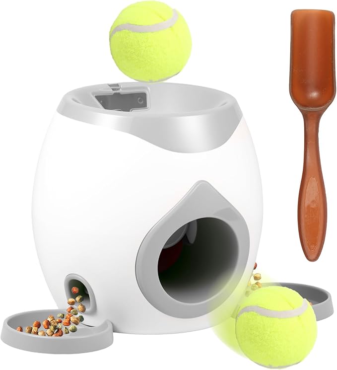 Dog Ball Launcher, Interactive Dog Training Toy, Tennis Ball Reward Machine with Automatic Treat Dispenser, Puppy Balls Thrower Machine, Training Automatic Feeder for Small and Medium Dogs (Gray)