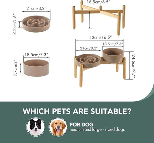 Ceramic Raised Slow Feeder Dog Bowl Set, Elevated 7.3inch Bowl and 8.2inch Puzzle Slow Dish with Wooden Stand for Medium and Large Dog, Anti-Gulping (2X Brown Coffee+ Stand)