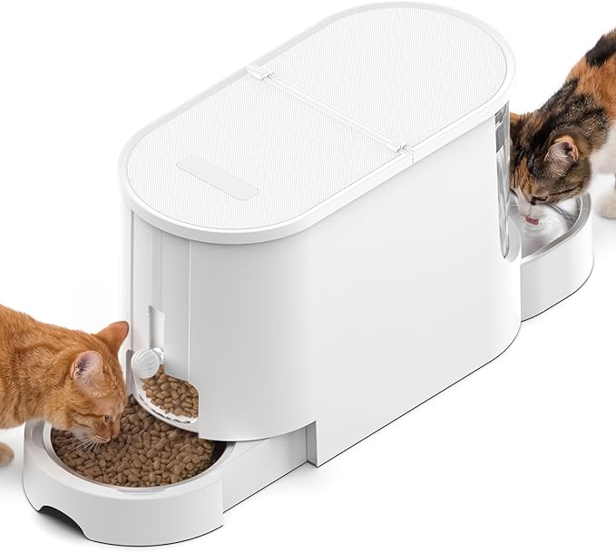 JUNSPOW Automatic Cat Feeder 2-in-1 Set, Gravity Cat Food Feeder and Water Dispenser, Dog Feeding & Watering Supply with Stailess Steel Bowls, Large Capacity Low Noise, White