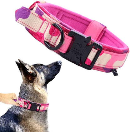 Xqpetlihai Tactical Dog Collar Adjustable Military Nylon Dog Collar with Control Handle and Heavy Duty Metal Buckle for Medium and Large Dogs (Pink Camo,XXL)