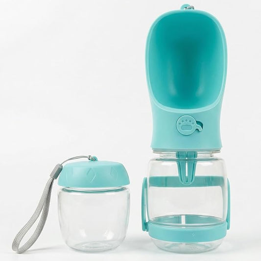 Dog Water Bottle with Food Container Holder, Travel Puppy Drinking Bowl, Portable Pet Water Dispenser, Patented Design, Food Grade Plastic 12 oz Water Bottle+100g Snack cans