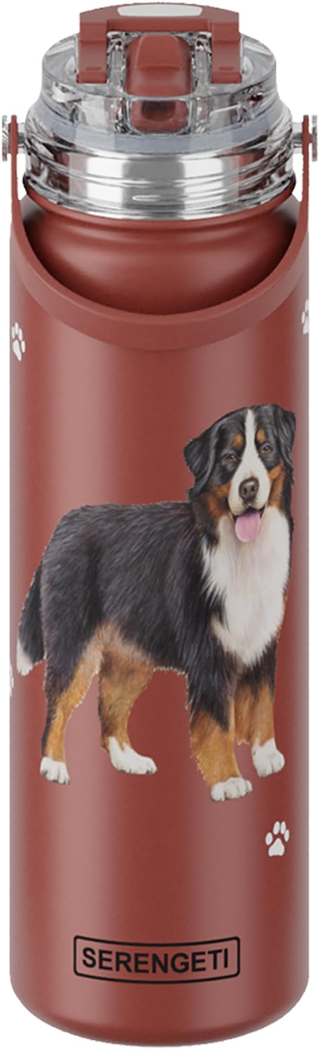 SERENGETI 24 Oz Water Bottle Stainless Steel with Spill Proof Lid - Double walled Vacuum Insulated water flask - Realistic 3D Print of your favorite dog (Bernese Mt. Dog)