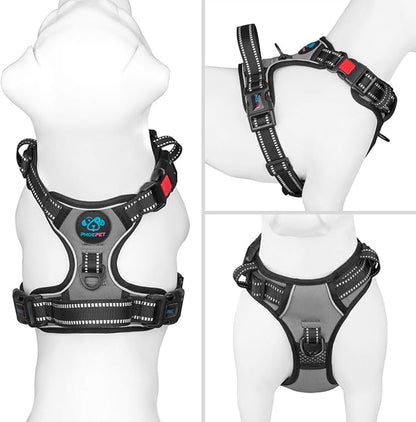 PHOEPET No Pull Dog Harness Medium Reflective Front Clip Vest with Handle,Adjustable 2 Metal Rings 3 Buckles,[Easy to Put on & Take Off](XS, Grey)