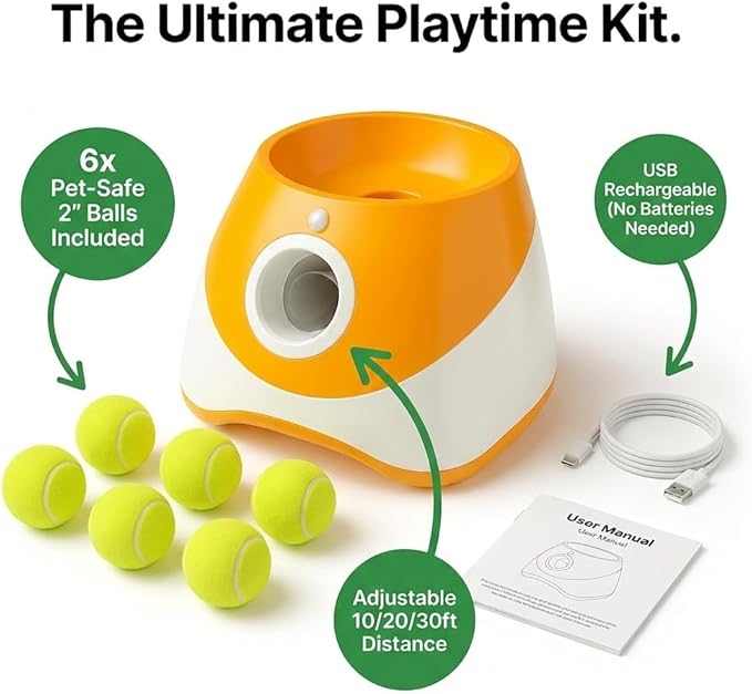 Dog Ball Thrower – Automatic Interactive Pet Tennis Ball Launcher with 6 Balls, USB Charging & Multiple Distance Settings Indoor & Outdoor Training & Play Toy for Small & Medium Dogs (Yellow)