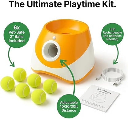 Dog Ball Thrower – Automatic Interactive Pet Tennis Ball Launcher with 6 Balls, USB Charging & Multiple Distance Settings Indoor & Outdoor Training & Play Toy for Small & Medium Dogs (Yellow)