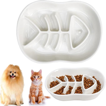 Ceramic Slow Feeder Cat Dog Bowls - Unique Fishbone Fun Interactive Design Feeder Bowl,Preventing Pet Feeder Anti Gulping Healthy Eating Diet Pet Bowls Against Bloat,Indigestion and Obesity