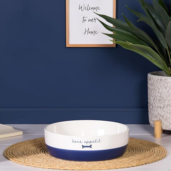 Pearhead Ceramic Dog Bowl – White & Navy “Bone Appétit” Design, Stoneware Pet Dish, Non-Skid Feeding Bowl, Small/Medium 2.25 Cups/ 18 oz