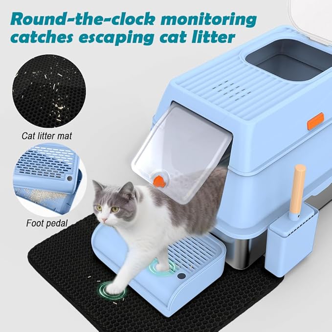 SZEE XL Stainless Steel Litter Box with Lid, Extra Large Metal Covered Litter Box, Stainless Box Easy Clean, Activated Charcoal Odor Control Design, Includes Litter Scoop & Mat & Step, Blue