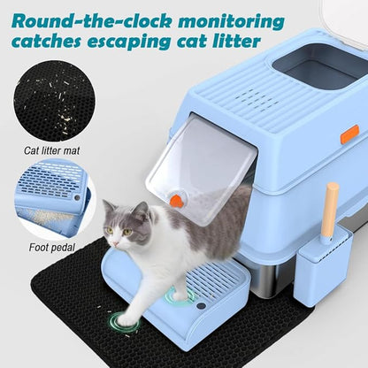 SZEE XL Stainless Steel Litter Box with Lid, Extra Large Metal Covered Litter Box, Stainless Box Easy Clean, Activated Charcoal Odor Control Design, Includes Litter Scoop & Mat & Step, Blue