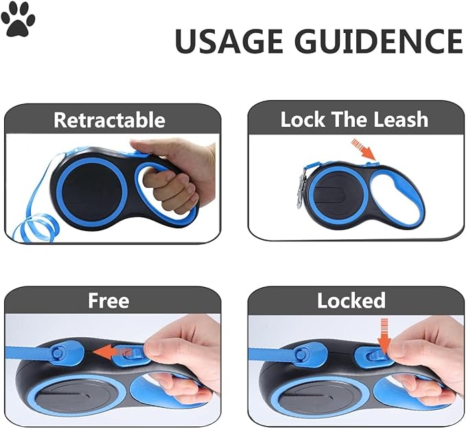 Dual Retractable Dog Leash for 2 Dogs (Blue) - 16ft Heavy Duty Leash with One Button Lock & 360° Tangle-Free Design, for Medium/Large Dogs up to 110lbs/50kg