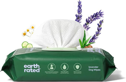 Earth Rated Dog Wipes, Hypoallergenic, 3-in-1 Cleaning and Hydrating, for Grooming Paws, Body and Butt, Lavender Scented, 100 Count