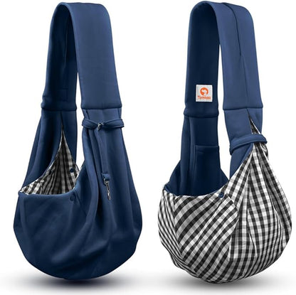 Tomkas Small Dog Cat Sling Carrier Puppy Purse Travel Wrap Soft Crossbody Pet Bag (Dark Blue, M - Classic Pocket & Classic Strap)