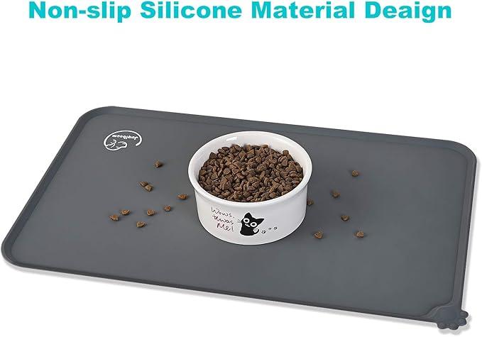 Silicone Waterproof Dog Cat Pet Feeding Mats, Non Slip, Easy Clean Pet Dog Cat Bowl Mats Placemat (18.5" x 11.5") Grey