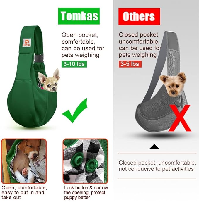 Tomkas Small Dog Cat Sling Carrier Puppy Purse Travel Wrap Soft Crossbody Pet Bag (Emerald Green, M - Zip Pocket & Adjust Strap)