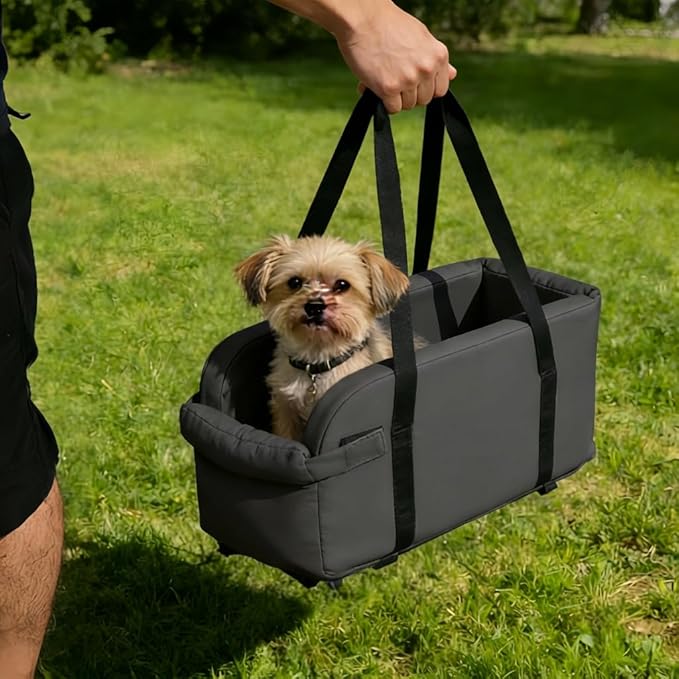 Waterproof Faux Leather Center Console Dog Car Seat, 2-in-1 Portable Puppy Carrier & Armrest Booster Seat for Small Dogs, Easy-to-Clean Tech Fabric, Sturdy Cushioned, Anti-Collapse Walls, Under 11 lbs