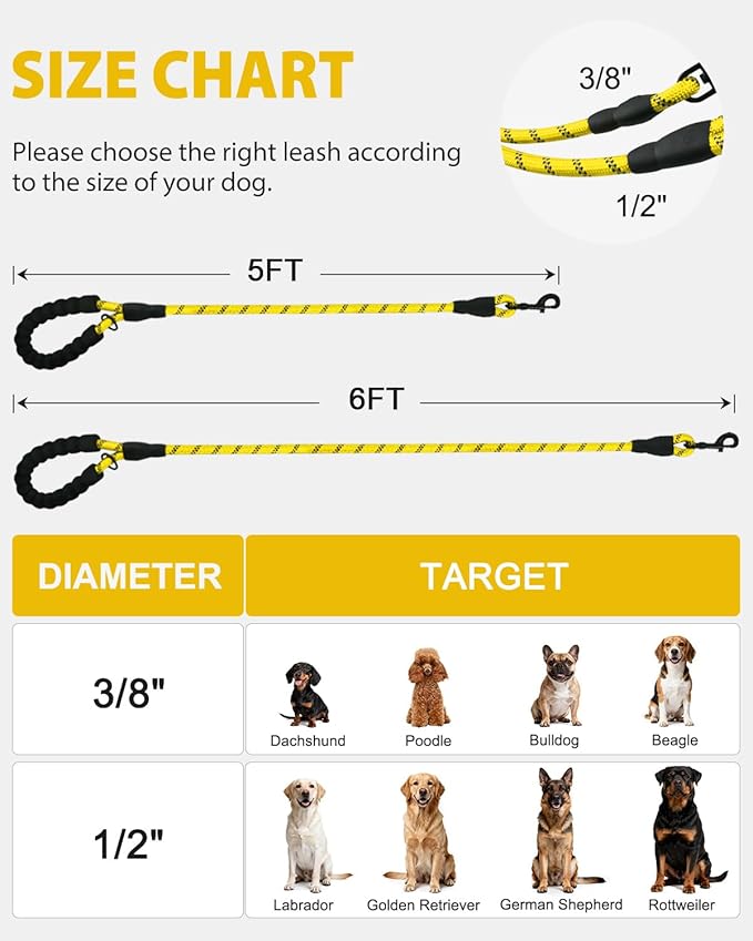 Joytale Dog Leash for Small Dogs, Heavy Duty Nylon Leashes with Comfortable Padded Handle and Highly Reflective Threads, Ideal for Walking and Training, Yellow, 5'×3/8''