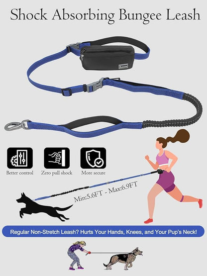 Hands Free Dog Leash with Zipper Pouch & Waist Belt – Reflective Durable Bungee Leash with Dual Padded Handles for Walking, Jogging & Running, Fits Small to Large Dogs (Blue)