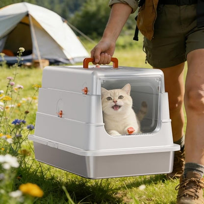 Stainless Steel Cat Litter Box with Lid, Extra Large High Sided Enclosed Metal Litter Pan, Flip Top with Portable Handle, Include Scoop & Step,Easy to Clean, Leak Proof, Dog Proof, Odor Control, Grey