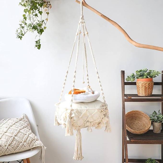 Hanging Macrame Cat Hammock Bed, Hanging Cat Bed, Boho Wall Hanging Cat Hammock for Indoor Outdoor Home Decor, Swing Bed for Cat Small Dog Sleeping Playing Climbing